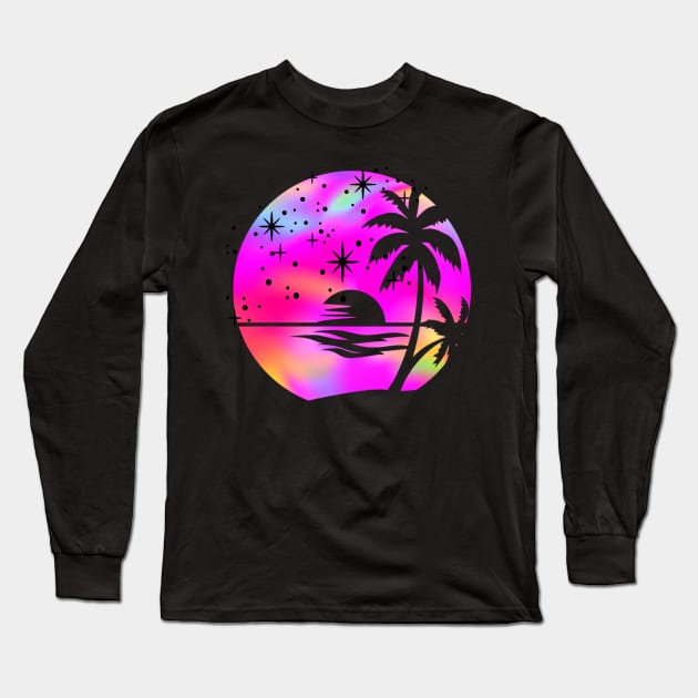 Hot Pink Holographic Rainbow Palm Trees: Ocean Beach Scene Retro Vintage Sunset Aesthetic Long Sleeve T-Shirt by ThePinkPrincessShop
